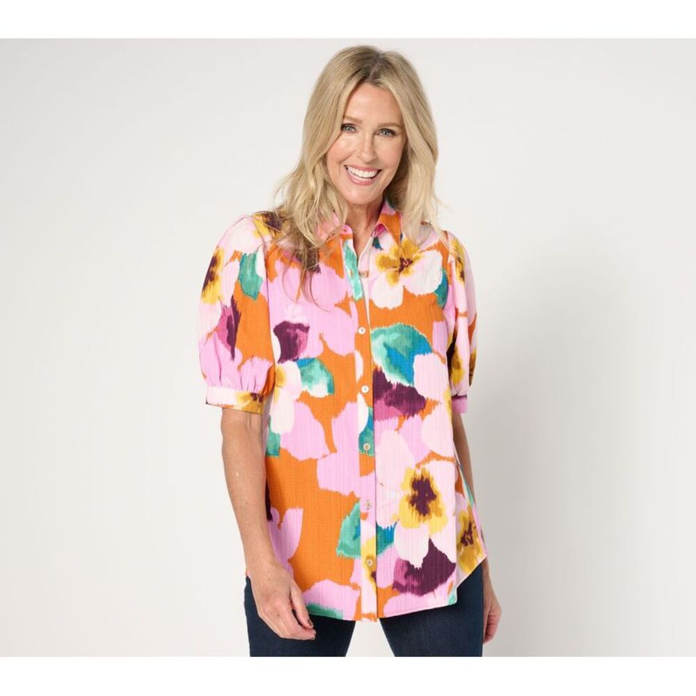 Turbie Twist Women's Top Petite PL Printed Woven Button Multi-colored